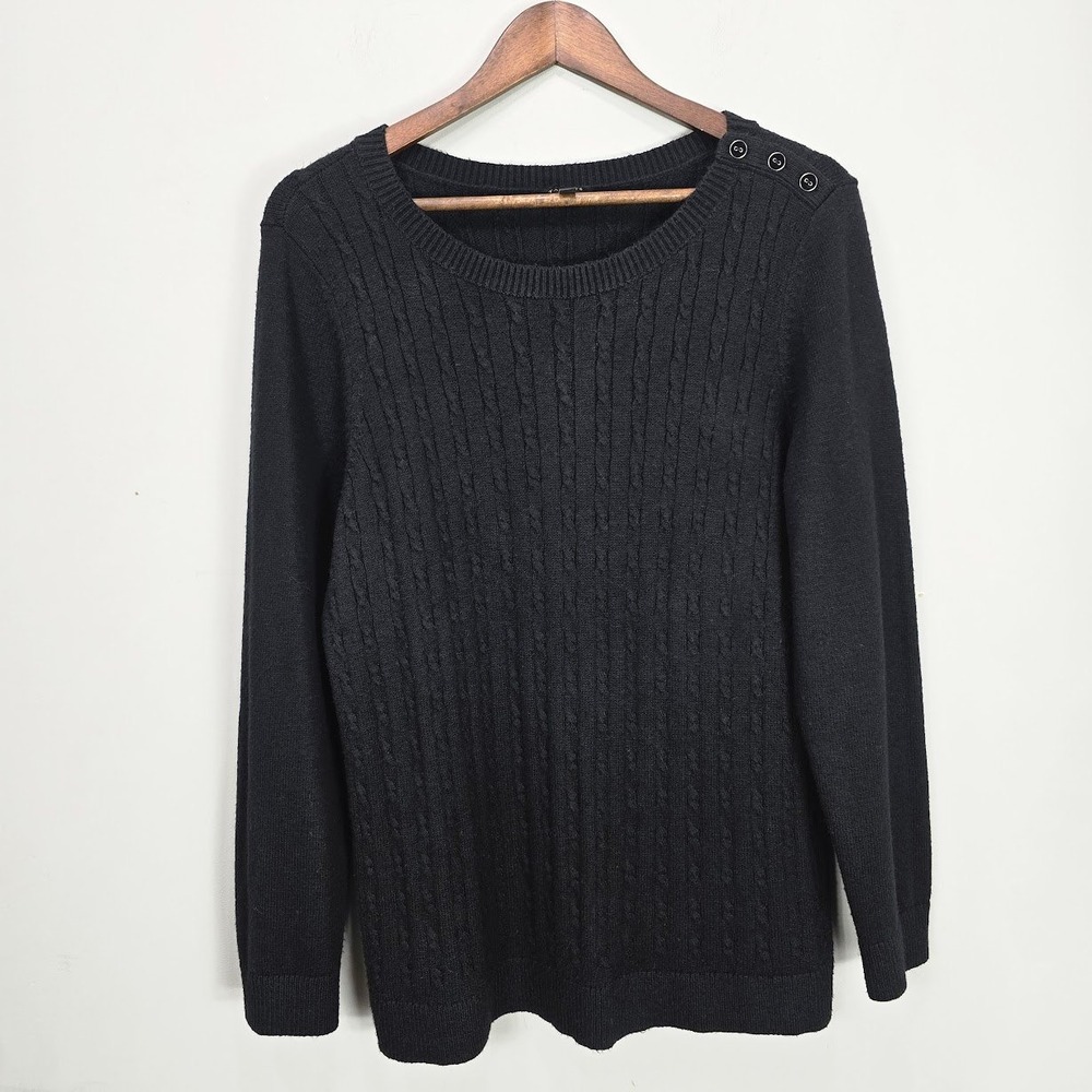 Talbots Cable Knit Sweater 1X Black Long Sleeve Scoop Neck Pullover